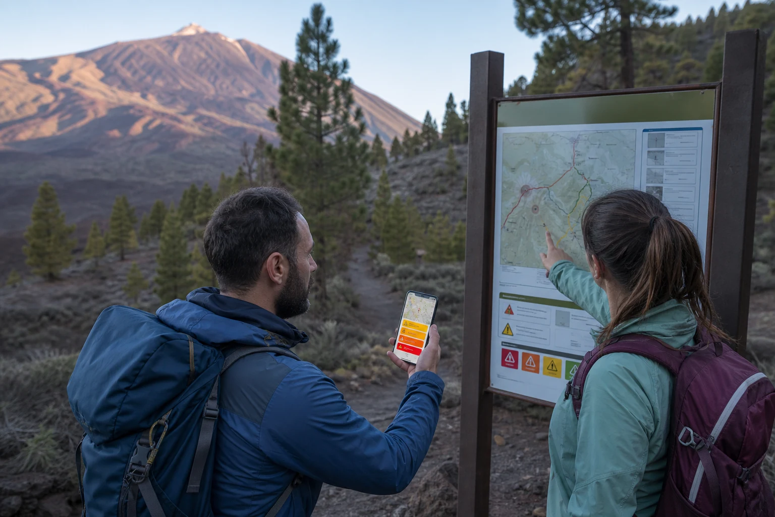 Two hikers checking an official Tenerife alert at a mountain trailhead