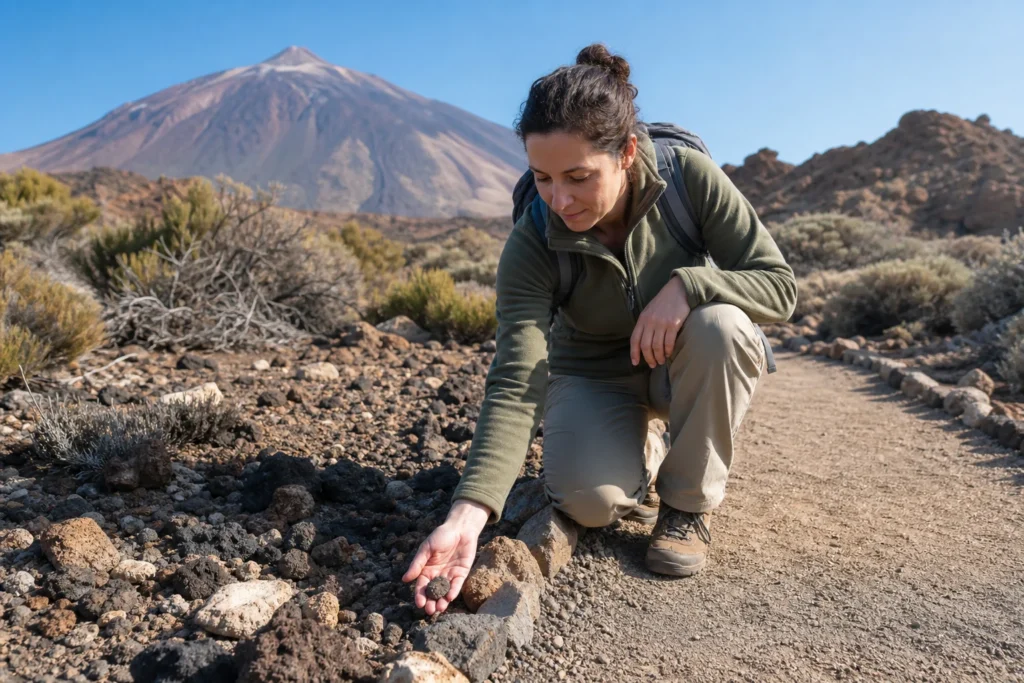 A hiker leaving a small volcanic stone beside an established trail in Teide National Park