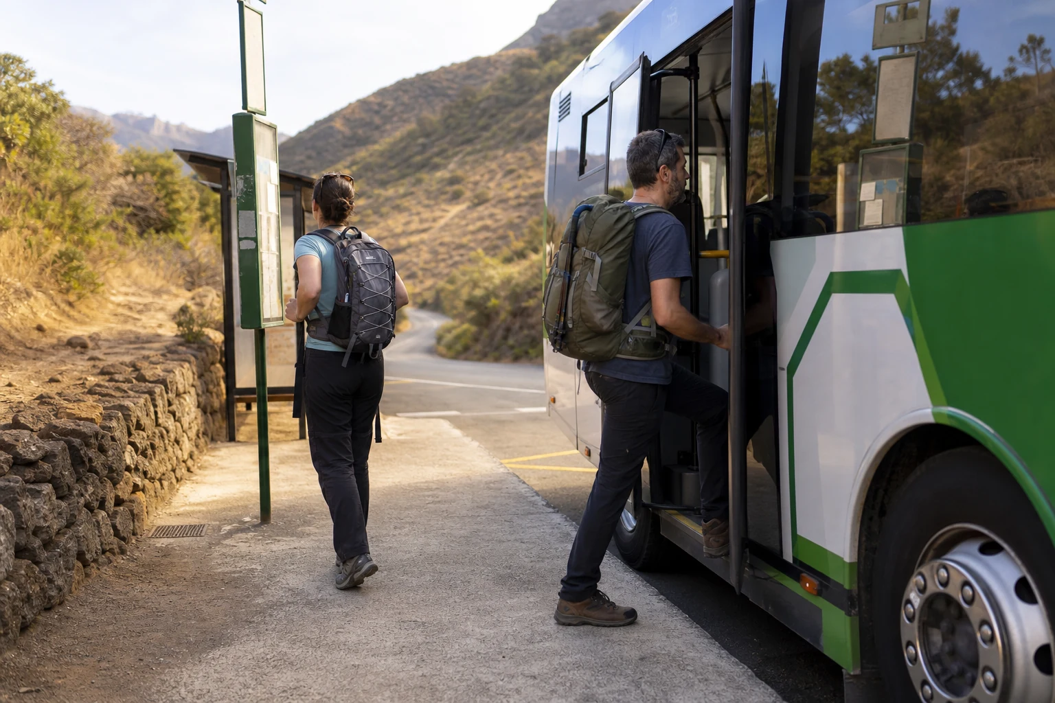 Two adult hikers boarding a public bus at the end of a rural Tenerife one-way walk